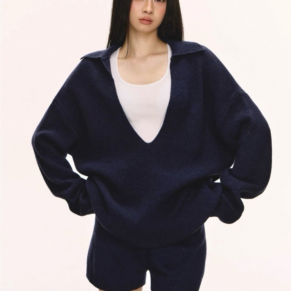 Navy Blue Knit Top & Shorts Set